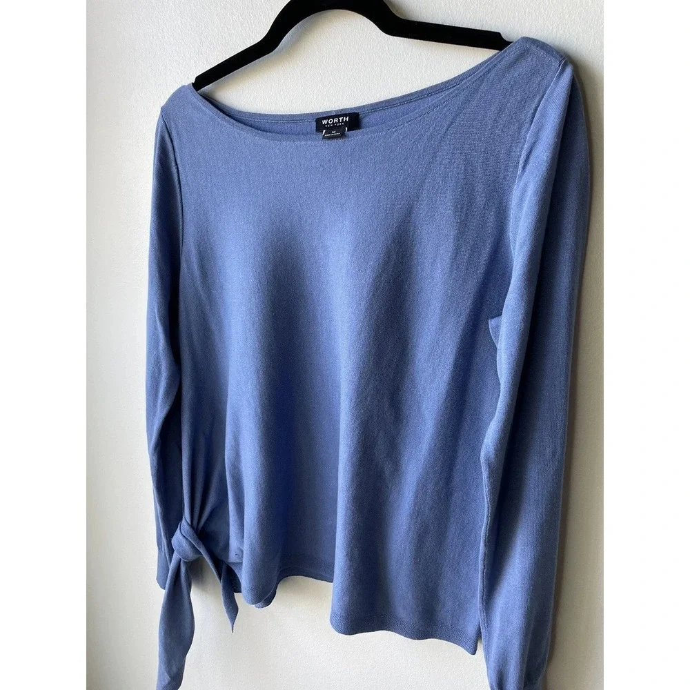 Worth New York Sweater Womens M Blue Side Tie Boat Neck Cotton Blend Pullover